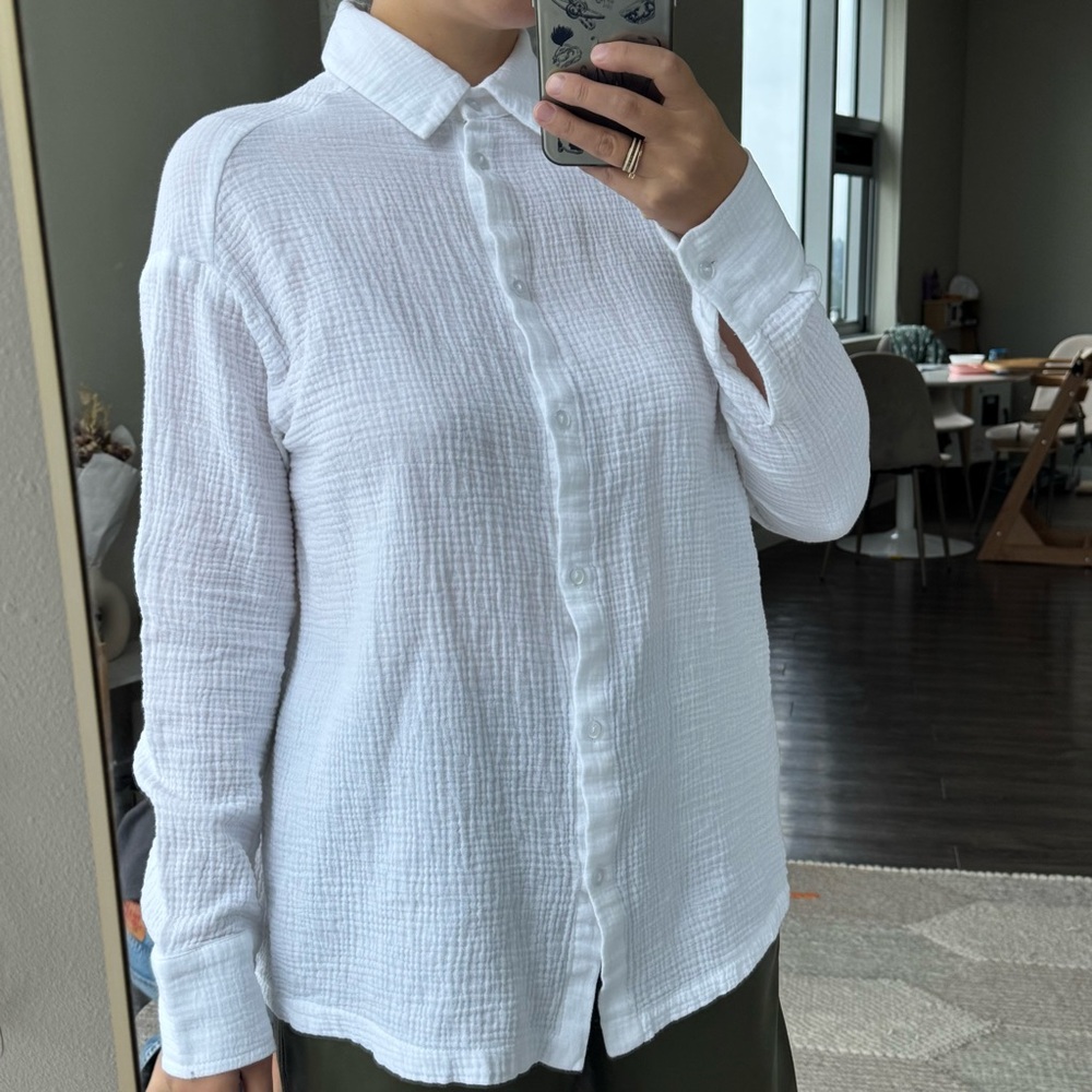 White Textured Muslin Button-Up Shirt